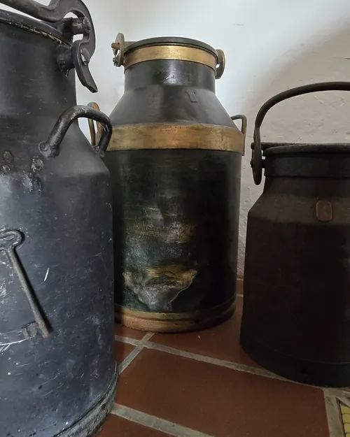 Cantinas de leche antiguas en cobre y latón sobre piso de baldosa